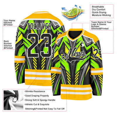 Custom Gold Black Green Gray-White Cyber Mecha E-sport Hockey Jersey