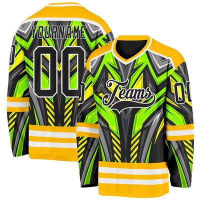 Custom Gold Black Green Gray-White Cyber Mecha E-sport Hockey Jersey
