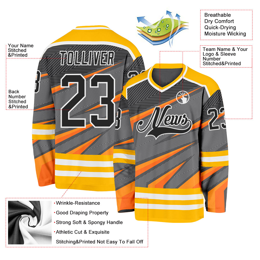 Custom Gray Black Gold Orange-White Cyber Mecha E-sport Hockey Jersey