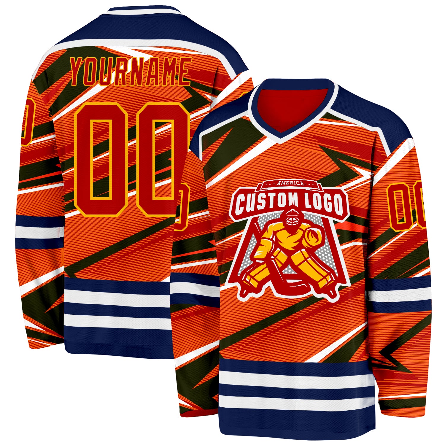 Custom Red Navy Yellow-White Cyber Mecha E-sport Hockey Jersey