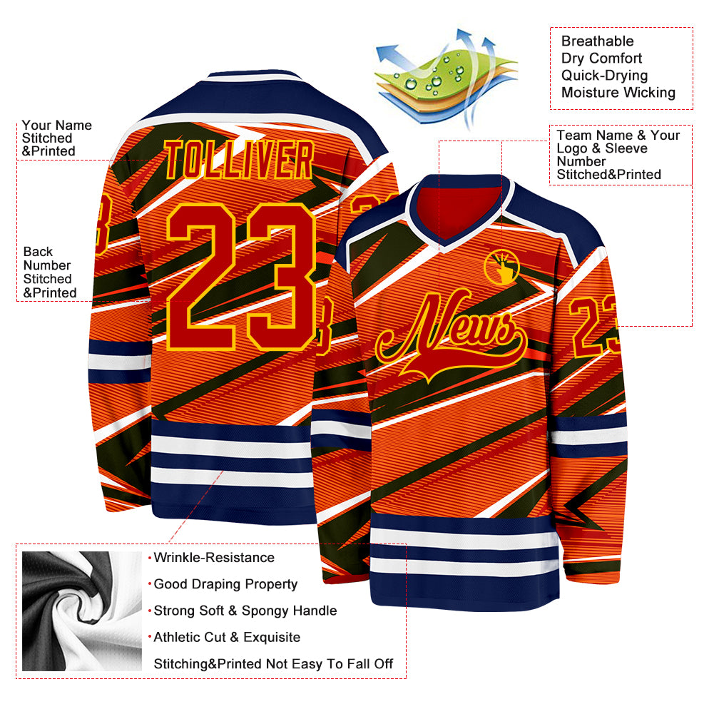 Custom Red Navy Yellow-White Cyber Mecha E-sport Hockey Jersey