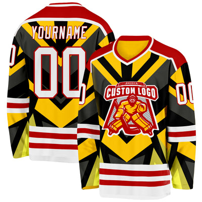 Custom Gold White Black-Red Cyber Mecha E-sport Hockey Jersey
