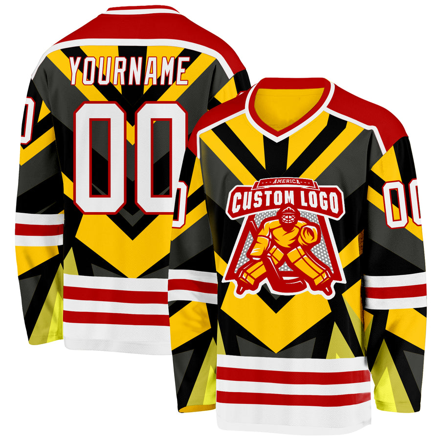 Custom Gold White Black-Red Cyber Mecha E-sport Hockey Jersey