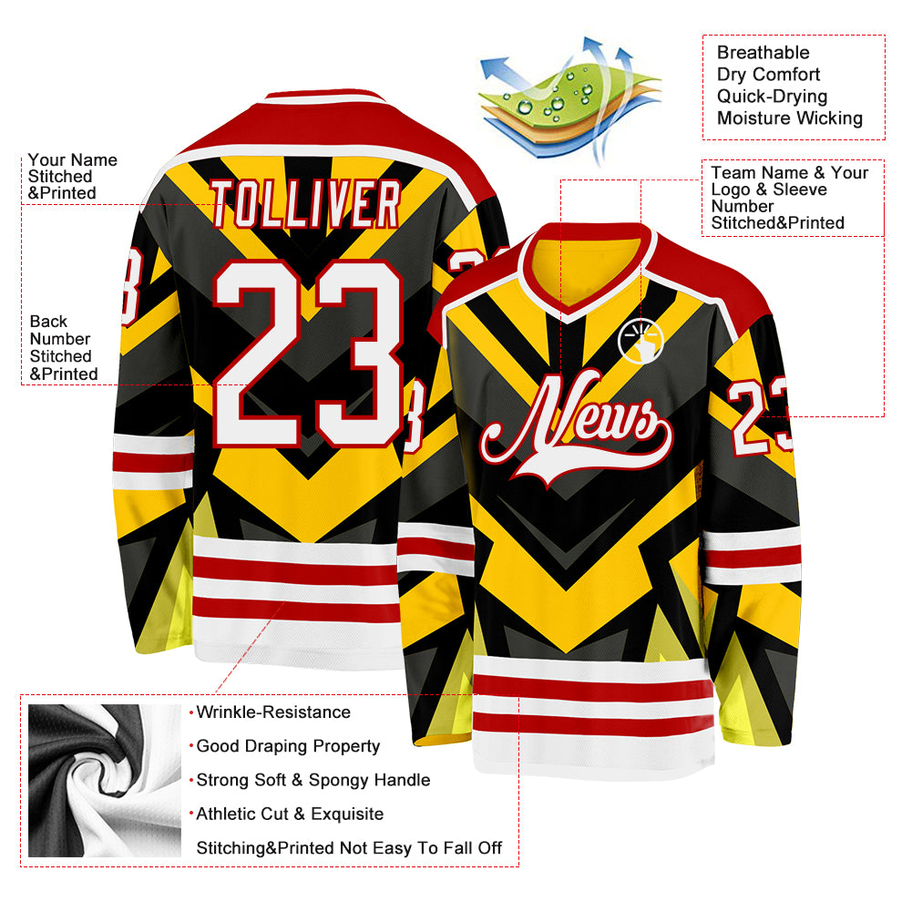 Custom Gold White Black-Red Cyber Mecha E-sport Hockey Jersey