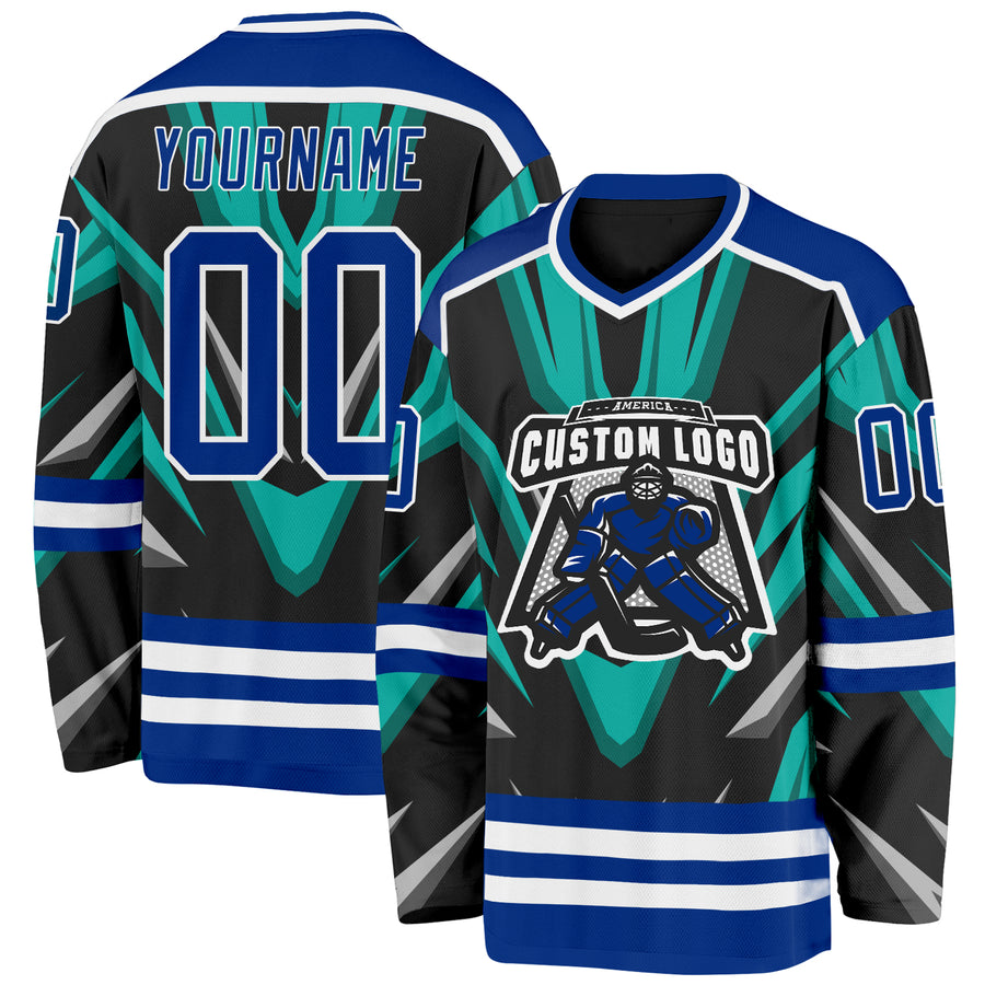 Custom Black Royal Green Gray-White Cyber Mecha E-sport Hockey Jersey