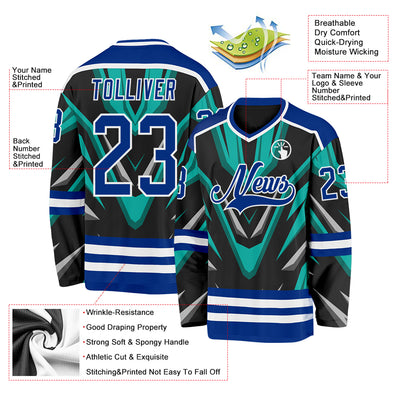 Custom Black Royal Green Gray-White Cyber Mecha E-sport Hockey Jersey