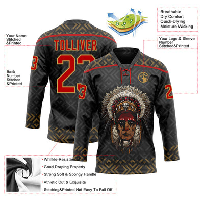 Custom Black Red-Old Gold Native Americans Tribal Indigenous People Hockey Lace Neck Jersey