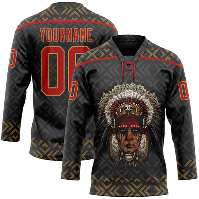 Custom Black Red-Old Gold Native Americans Tribal Indigenous People Hockey Lace Neck Jersey