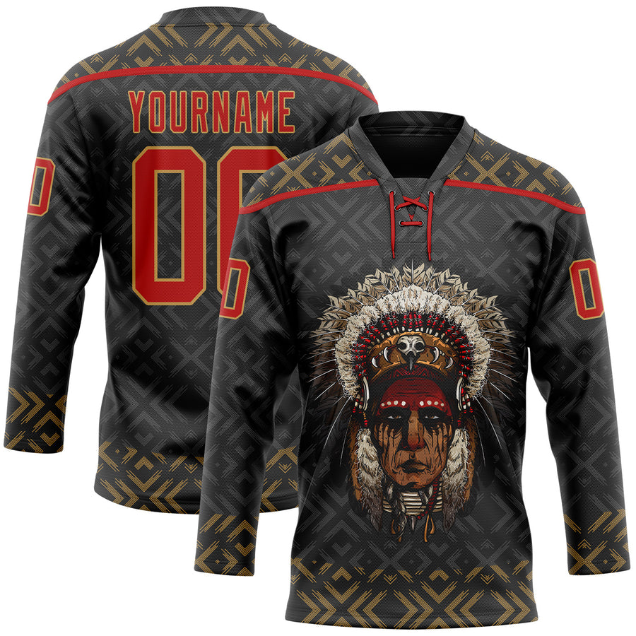 Custom Black Red-Old Gold Native Americans Tribal Indigenous People Hockey Lace Neck Jersey