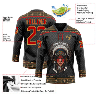 Custom Black Red-Old Gold Native Americans Tribal Indigenous People Hockey Lace Neck Jersey