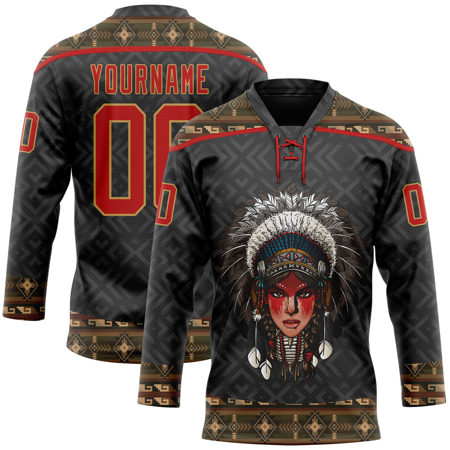 Custom Black Red-Old Gold Native Americans Tribal Indigenous People Hockey Lace Neck Jersey