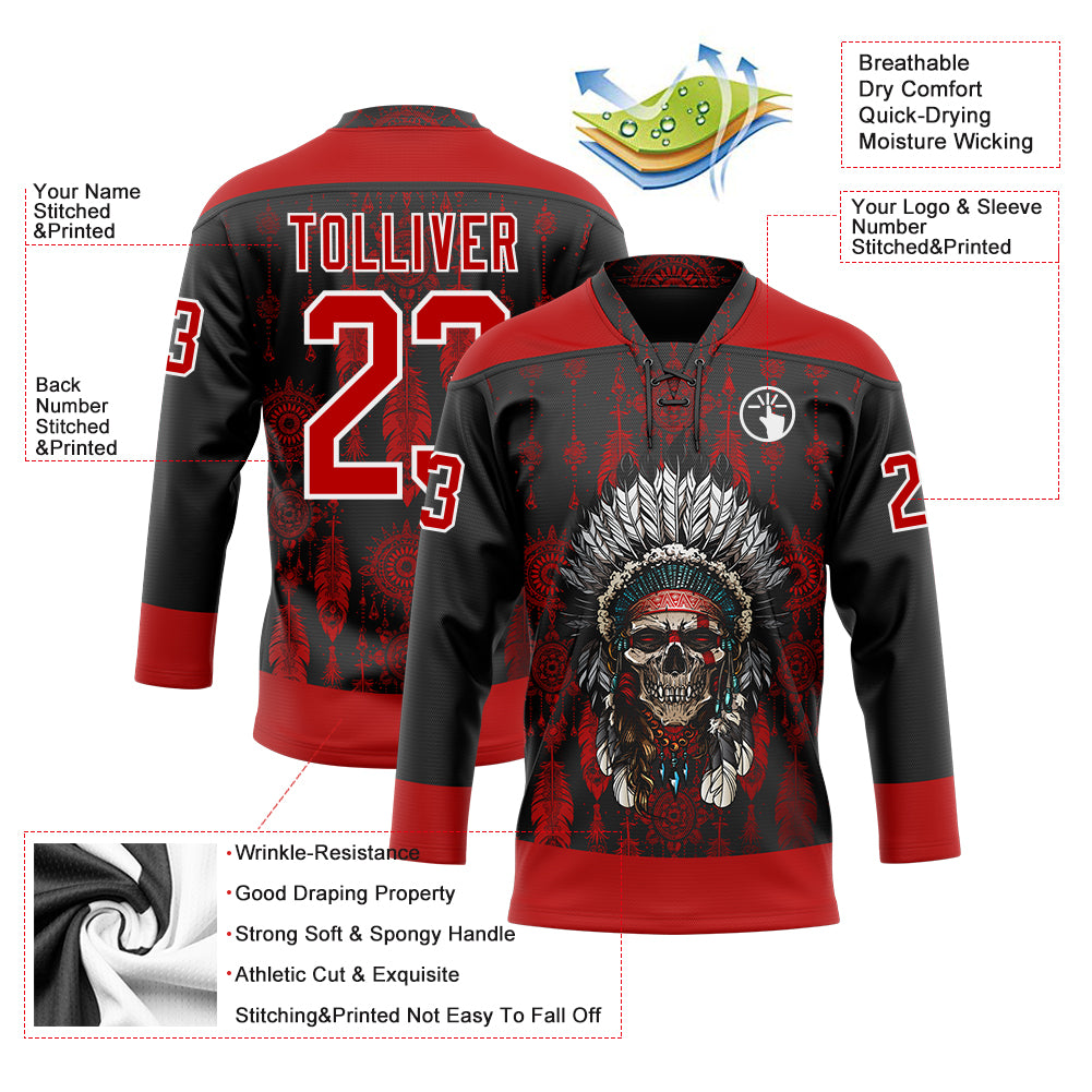 Custom Black Red-White Native Americans Tribal Indigenous People Hockey Lace Neck Jersey