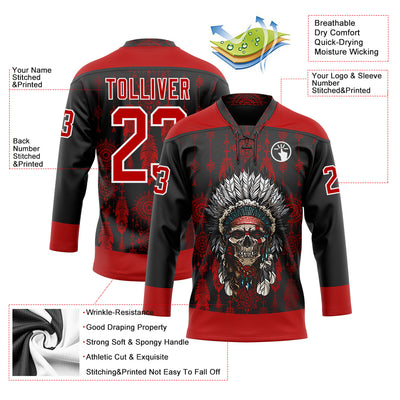 Custom Black Red-White Native Americans Tribal Indigenous People Hockey Lace Neck Jersey