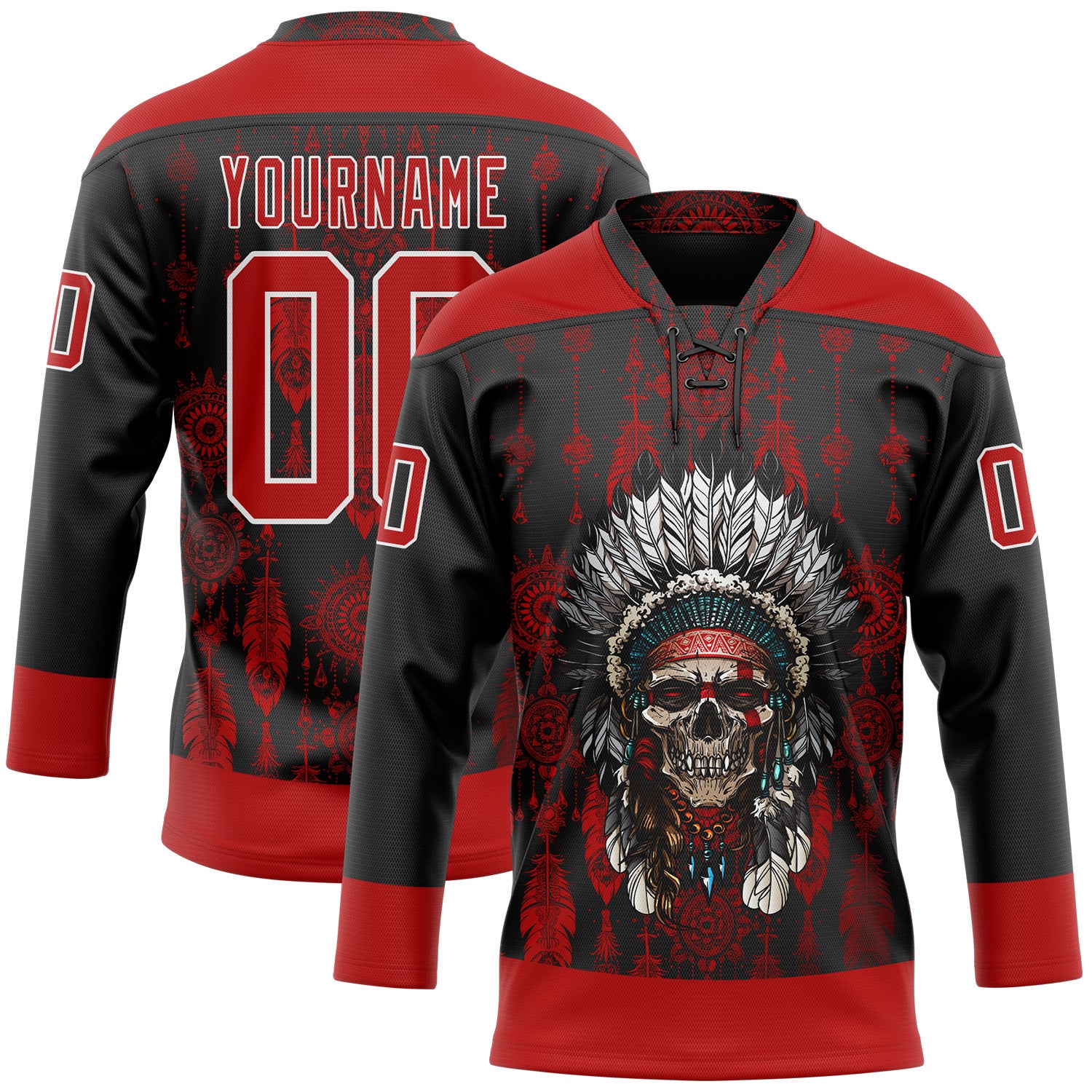 Custom Black Red-White Native Americans Tribal Indigenous People Hockey Lace Neck Jersey