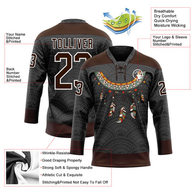 Custom Black Brown-White Native Americans Tribal Indigenous People Hockey Lace Neck Jersey
