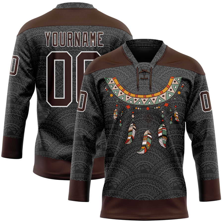 Custom Black Brown-White Native Americans Tribal Indigenous People Hockey Lace Neck Jersey