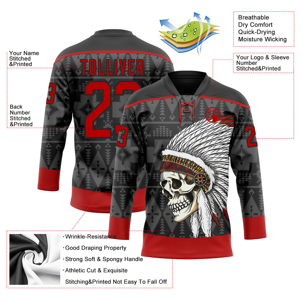 Custom Black Red Native Americans Tribal Indigenous People Hockey Lace Neck Jersey