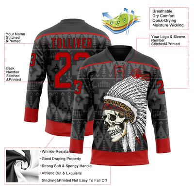 Custom Black Red Native Americans Tribal Indigenous People Hockey Lace Neck Jersey