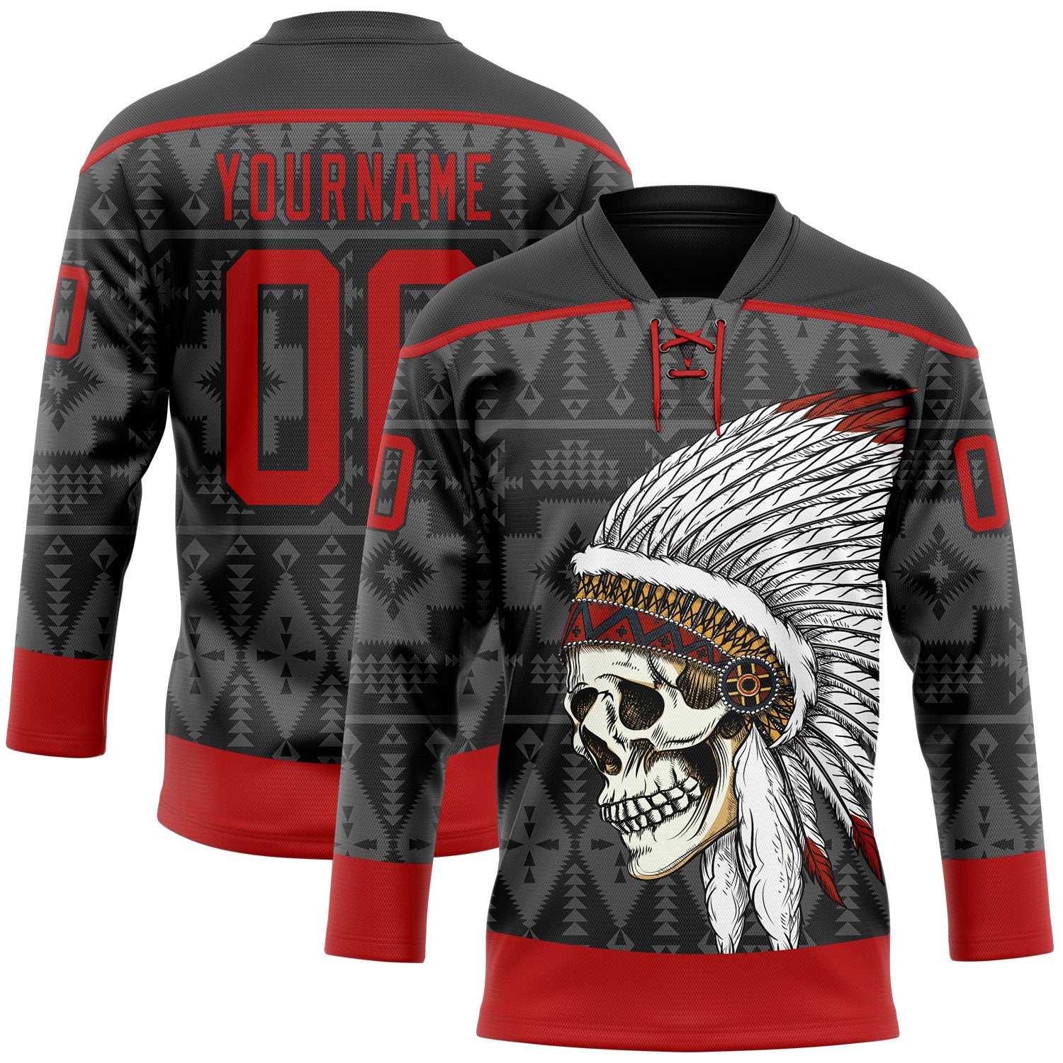 Custom Black Red Native Americans Tribal Indigenous People Hockey Lace Neck Jersey