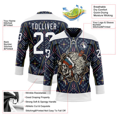 Custom Navy White Native Americans Tribal Indigenous People Hockey Lace Neck Jersey