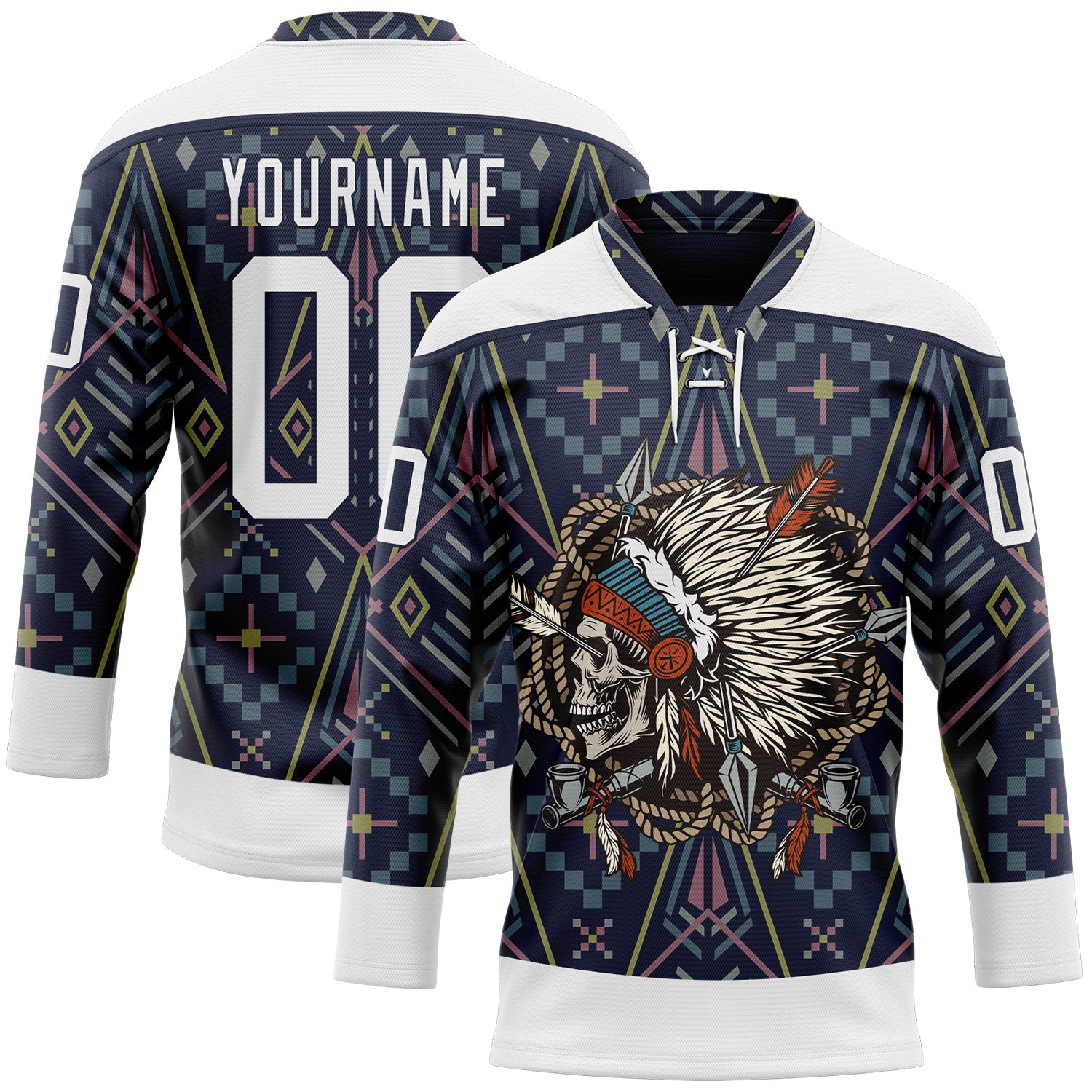 Custom Navy White Native Americans Tribal Indigenous People Hockey Lace Neck Jersey