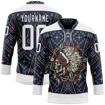Custom Navy White Native Americans Tribal Indigenous People Hockey Lace Neck Jersey