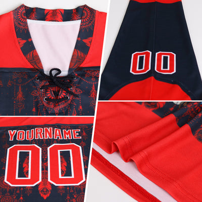 Custom White Red-Black Native Americans Tribal Indigenous People Hockey Lace Neck Jersey