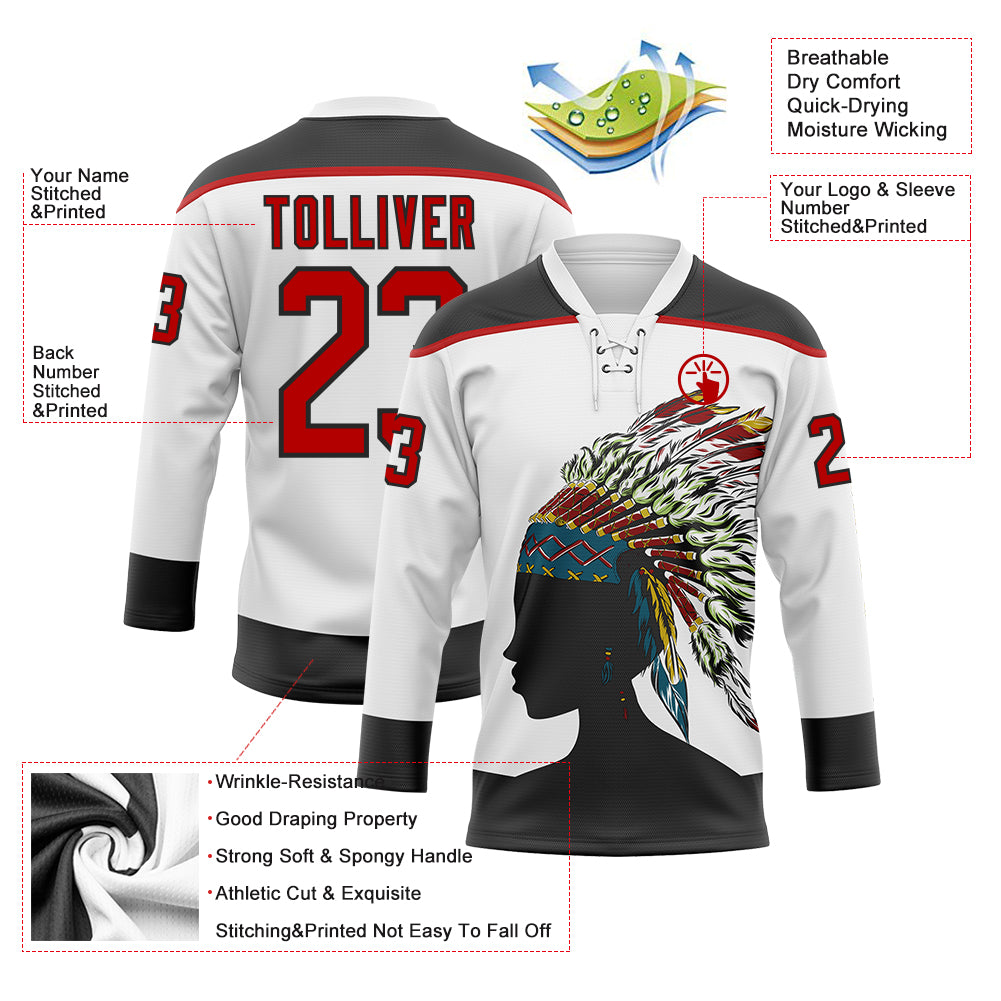 Custom White Red-Black Native Americans Tribal Indigenous People Hockey Lace Neck Jersey