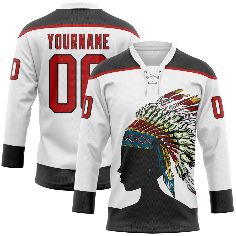 Custom White Red-Black Native Americans Tribal Indigenous People Hockey Lace Neck Jersey