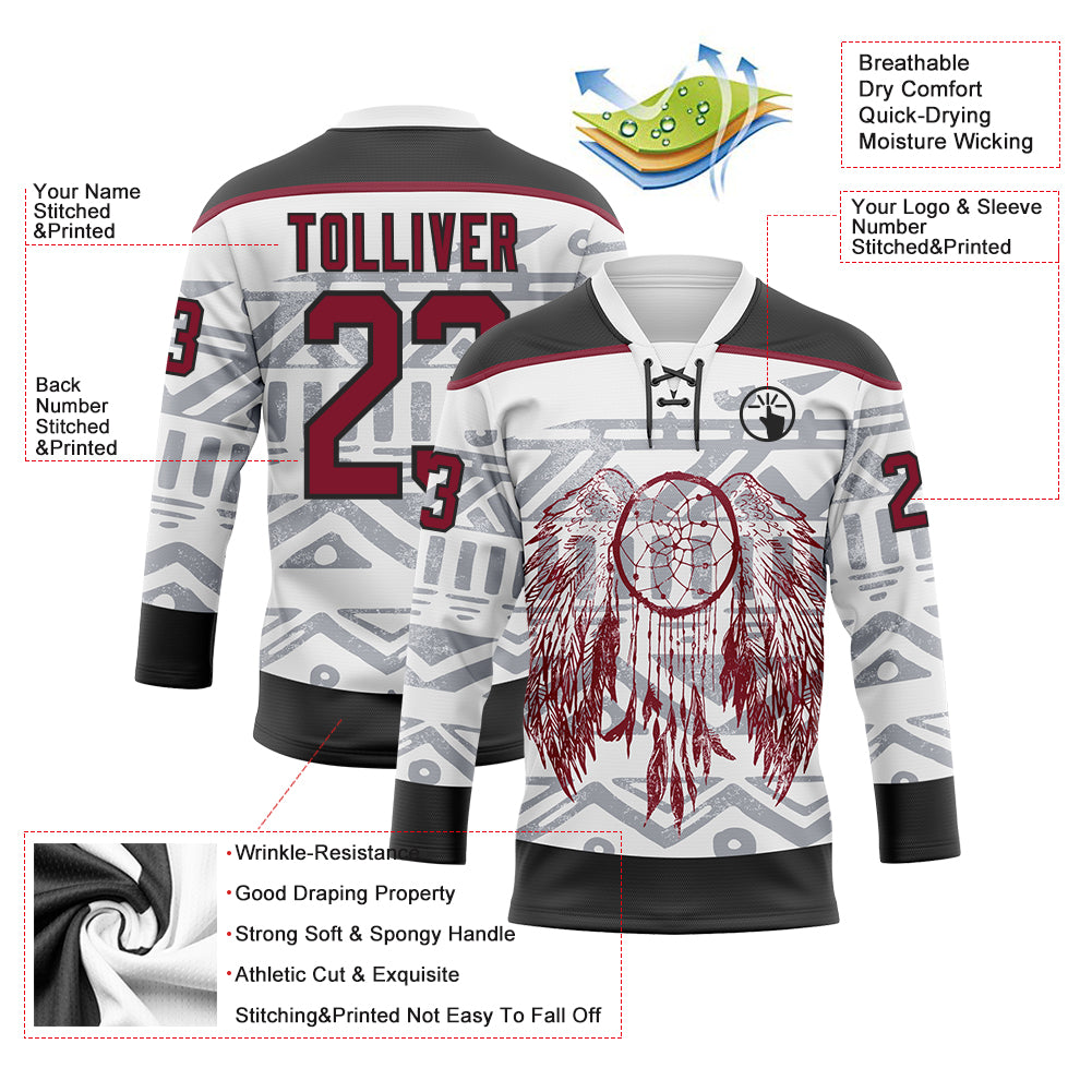 Custom White Crimson-Black Native Americans Tribal Indigenous People Hockey Lace Neck Jersey