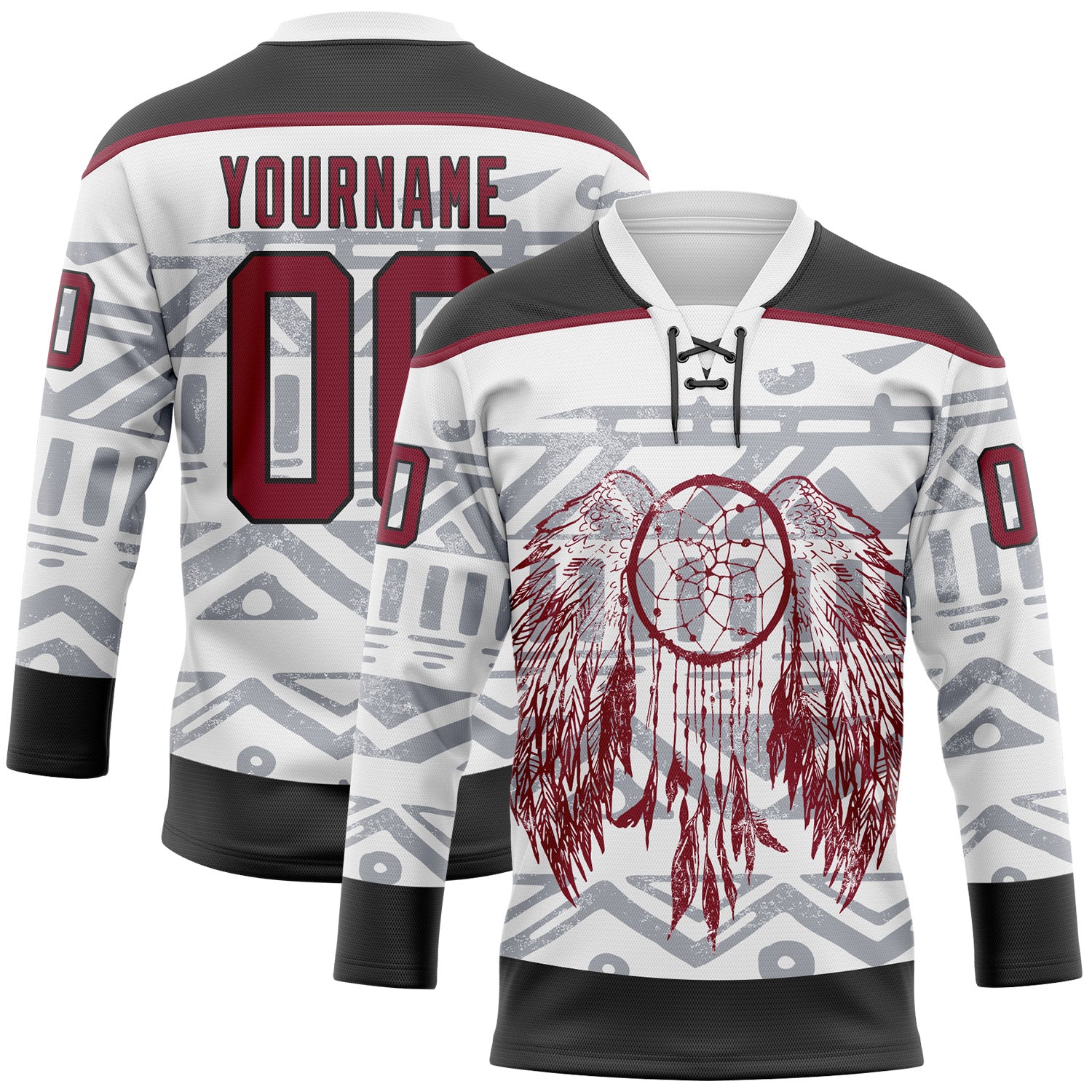 Custom White Crimson-Black Native Americans Tribal Indigenous People Hockey Lace Neck Jersey