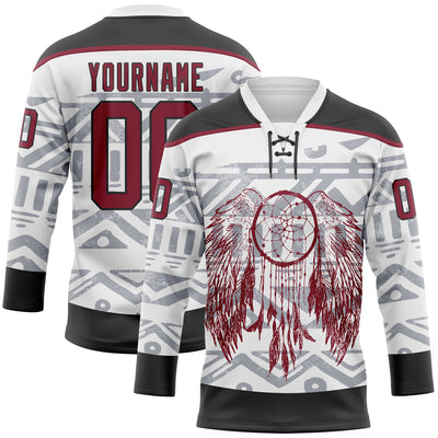 Custom White Crimson-Black Native Americans Tribal Indigenous People Hockey Lace Neck Jersey