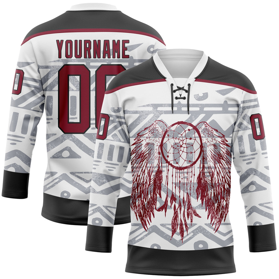 Custom White Crimson-Black Native Americans Tribal Indigenous People Hockey Lace Neck Jersey