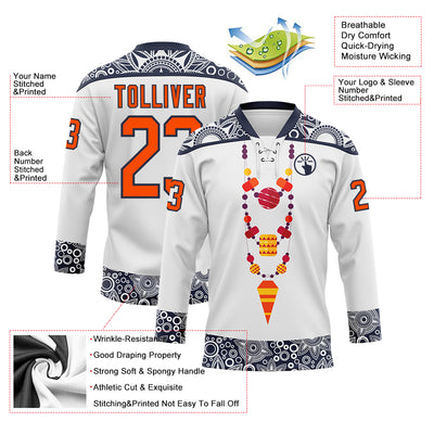 Custom White Orange-Navy Native Americans Tribal Indigenous People Hockey Lace Neck Jersey