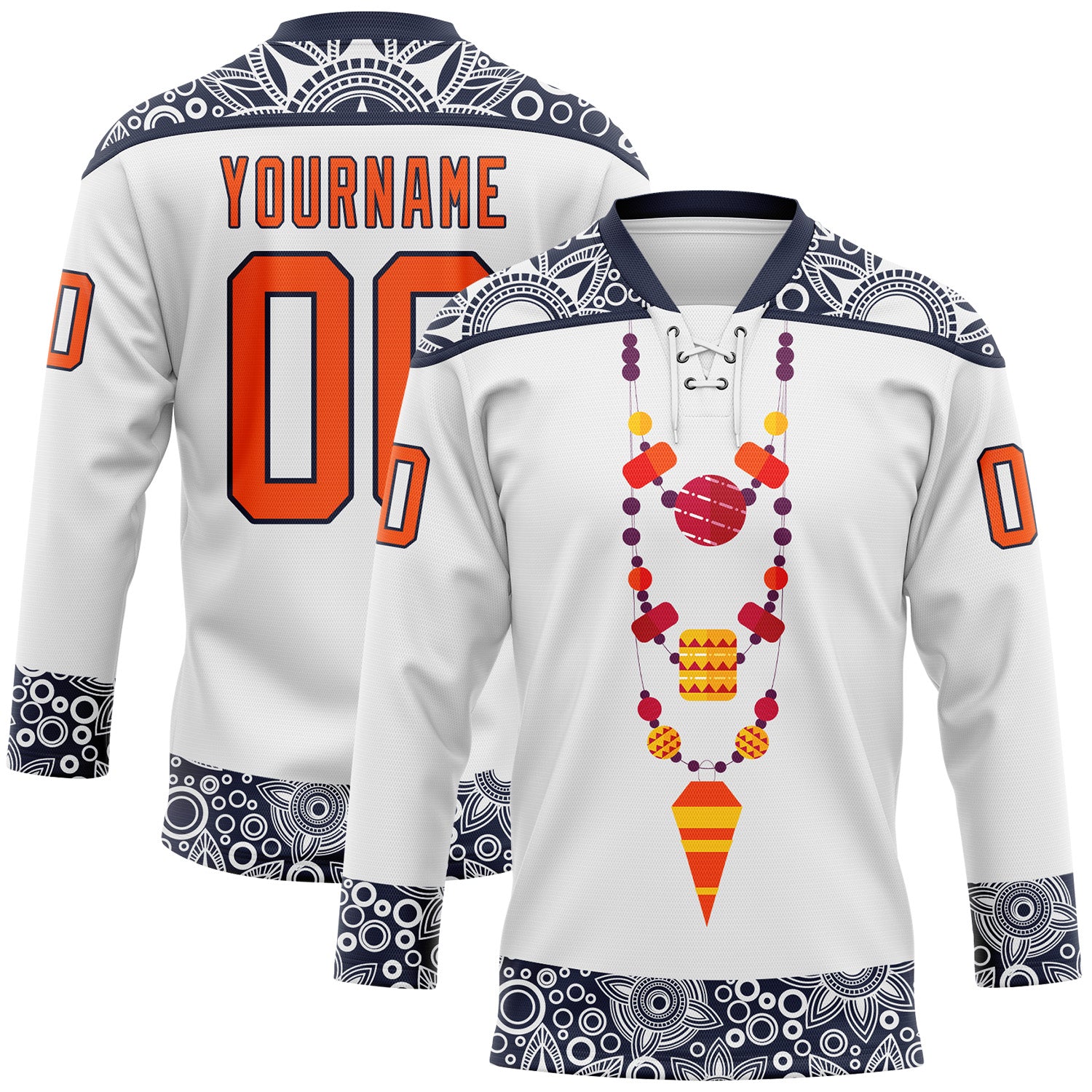 Custom White Orange-Navy Native Americans Tribal Indigenous People Hockey Lace Neck Jersey