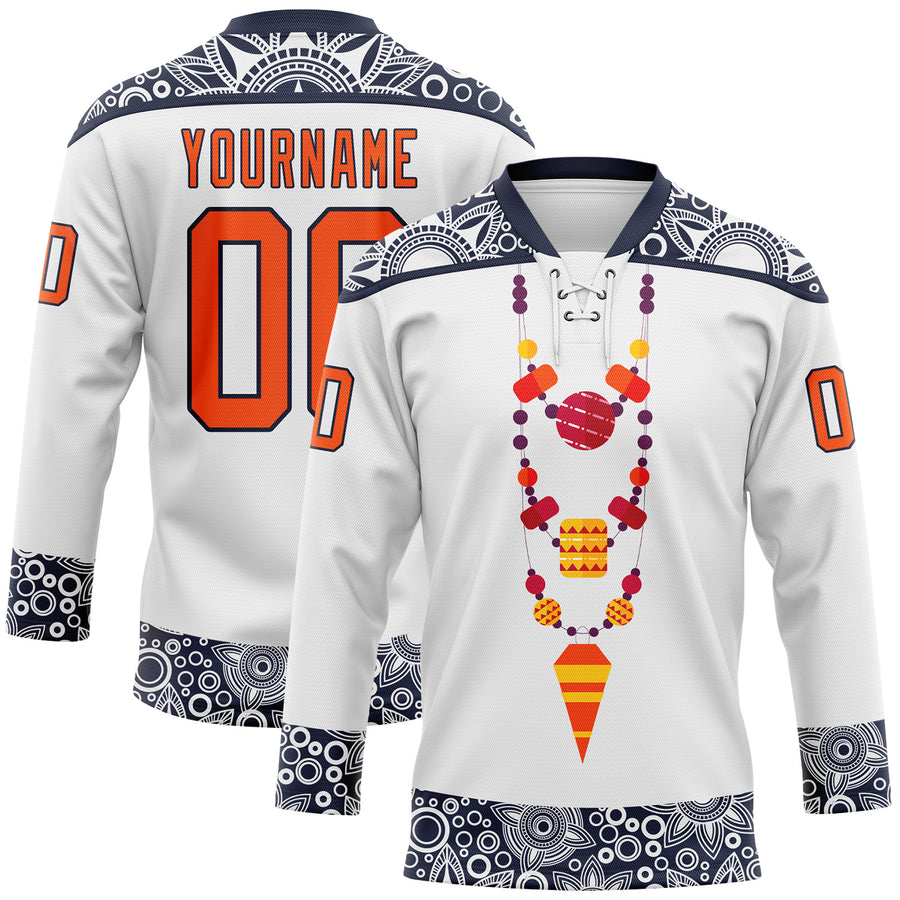 Custom White Orange-Navy Native Americans Tribal Indigenous People Hockey Lace Neck Jersey