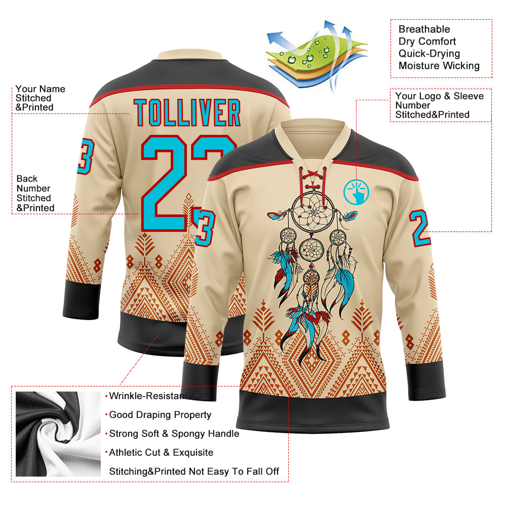 Custom City Cream Lakes Blue Black-Red Native Americans Tribal Indigenous People Hockey Lace Neck Jersey