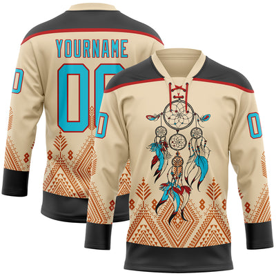 Custom City Cream Lakes Blue Black-Red Native Americans Tribal Indigenous People Hockey Lace Neck Jersey