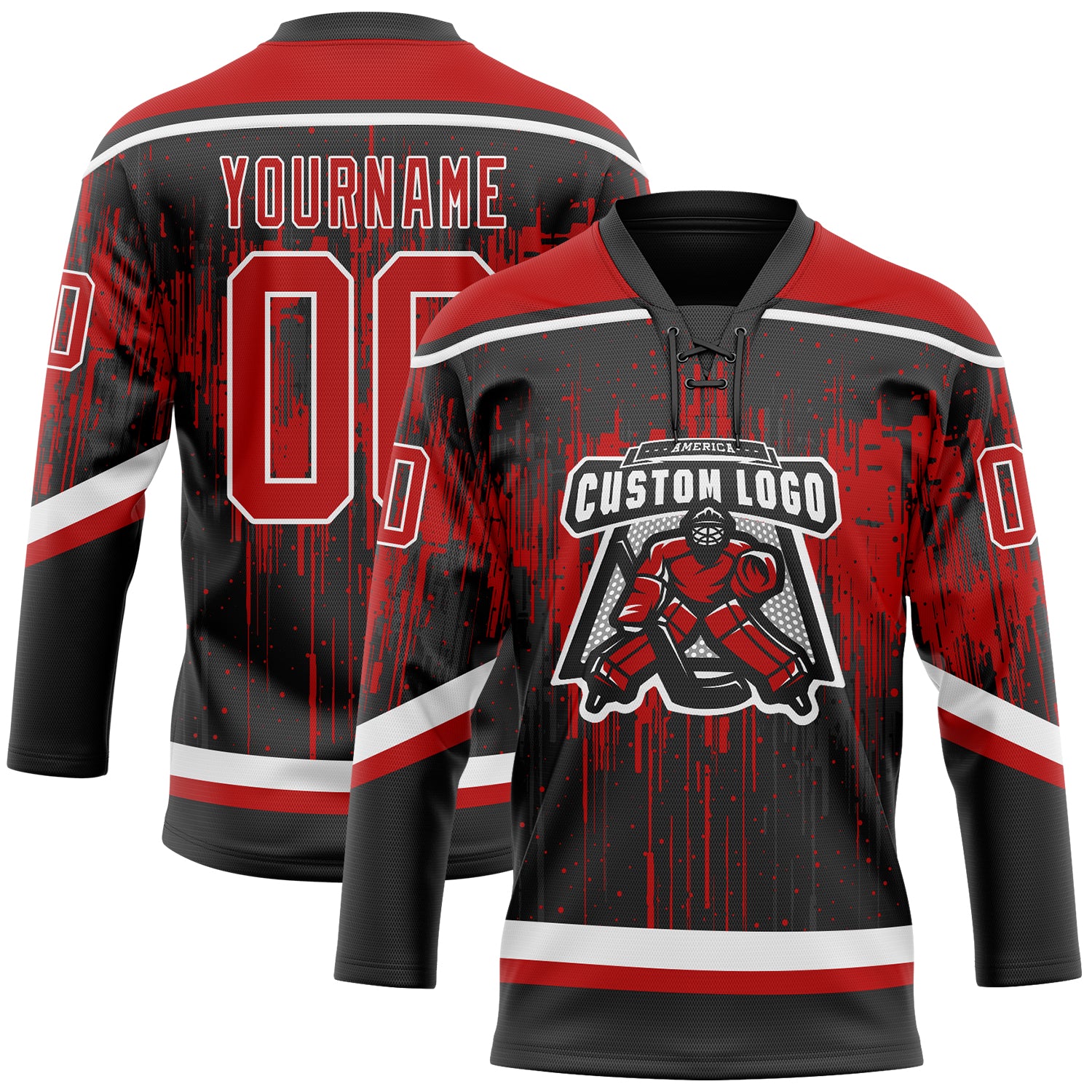 Custom Black Red Steel Gray-White Dripping Splatter Pattern Hockey Lace Neck Jersey