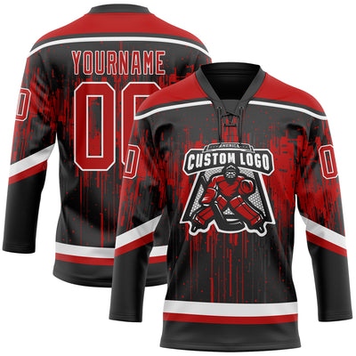 Custom Black Red Steel Gray-White Dripping Splatter Pattern Hockey Lace Neck Jersey