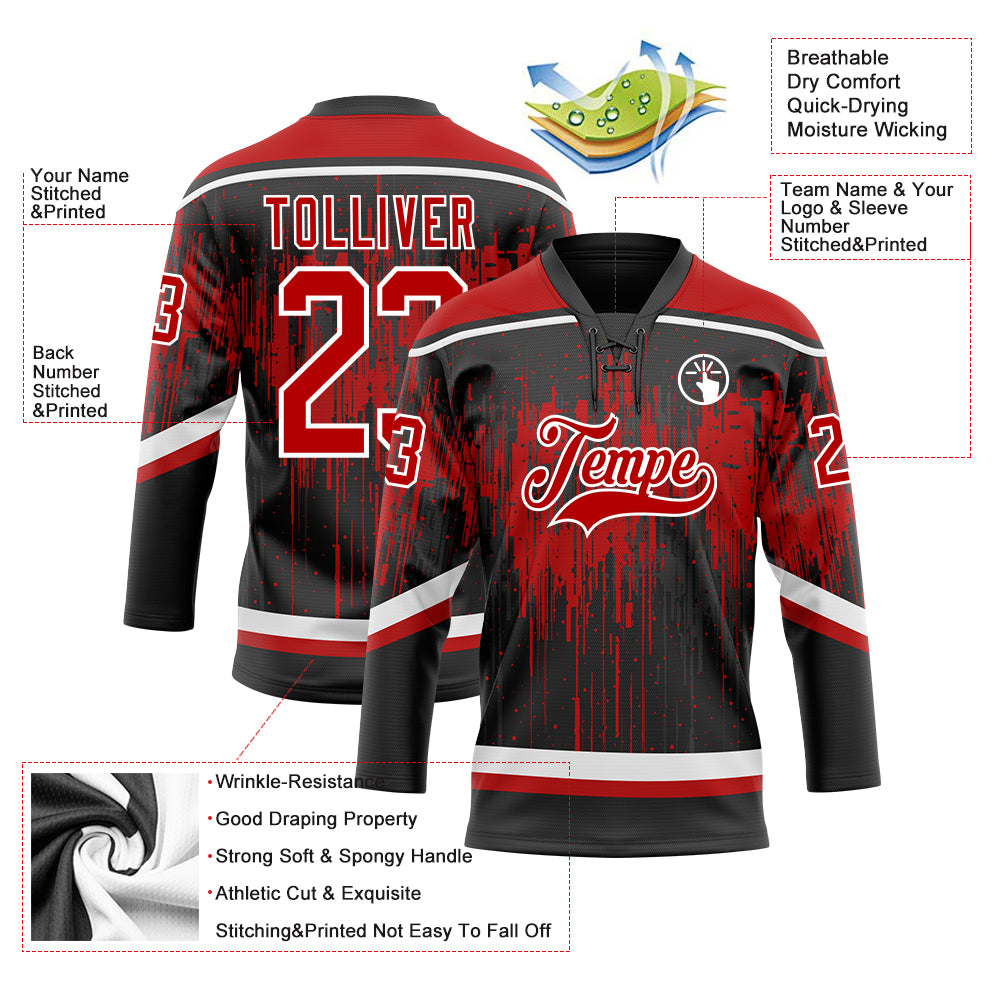 Custom Black Red Steel Gray-White Dripping Splatter Pattern Hockey Lace Neck Jersey