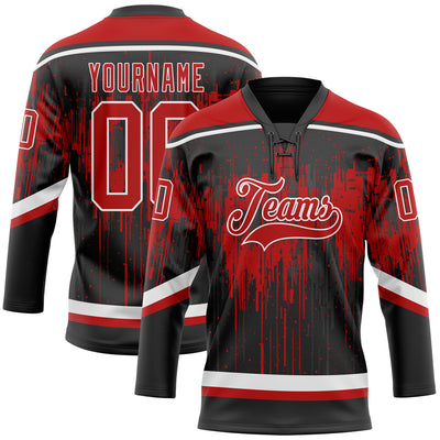 Custom Black Red Steel Gray-White Dripping Splatter Pattern Hockey Lace Neck Jersey
