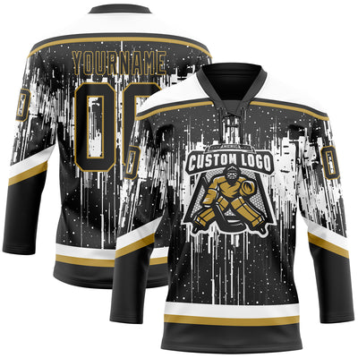 Custom Black Old Gold Steel Gray-White Dripping Splatter Pattern Hockey Lace Neck Jersey