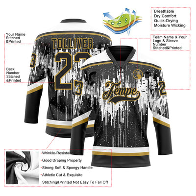 Custom Black Old Gold Steel Gray-White Dripping Splatter Pattern Hockey Lace Neck Jersey