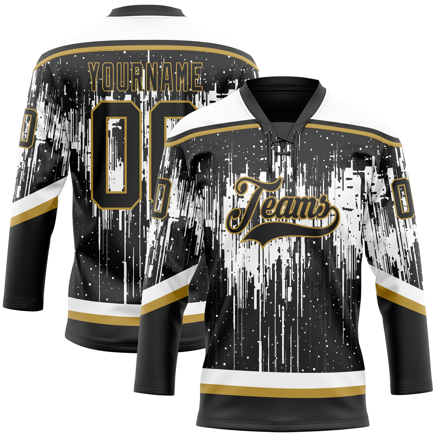 Custom Black Old Gold Steel Gray-White Dripping Splatter Pattern Hockey Lace Neck Jersey