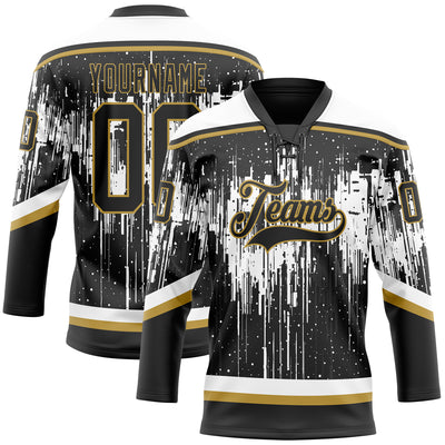 Custom Black Old Gold Steel Gray-White Dripping Splatter Pattern Hockey Lace Neck Jersey