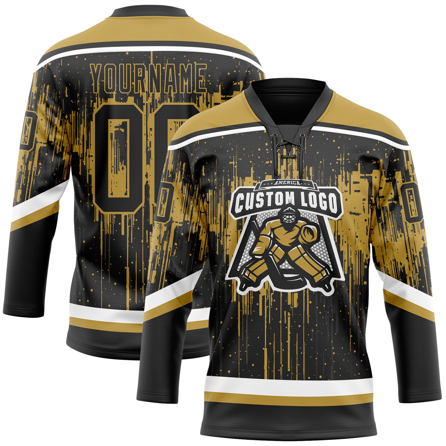 Custom Black Old Gold Steel Gray-White Dripping Splatter Pattern Hockey Lace Neck Jersey