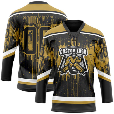 Custom Black Old Gold Steel Gray-White Dripping Splatter Pattern Hockey Lace Neck Jersey