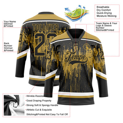 Custom Black Old Gold Steel Gray-White Dripping Splatter Pattern Hockey Lace Neck Jersey
