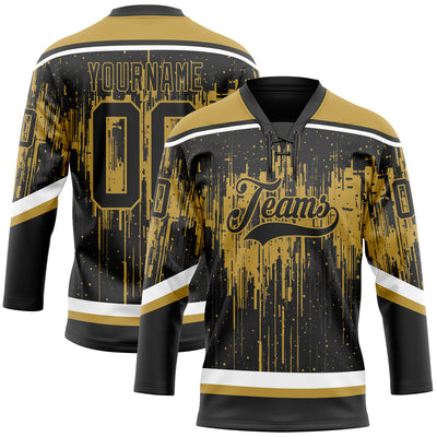 Custom Black Old Gold Steel Gray-White Dripping Splatter Pattern Hockey Lace Neck Jersey